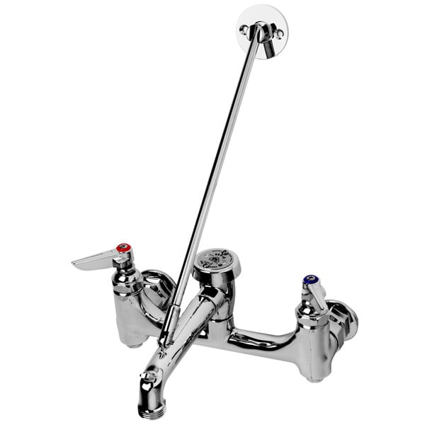 A chrome T&S wall mount mop sink faucet with lever handles and a garden hose outlet.