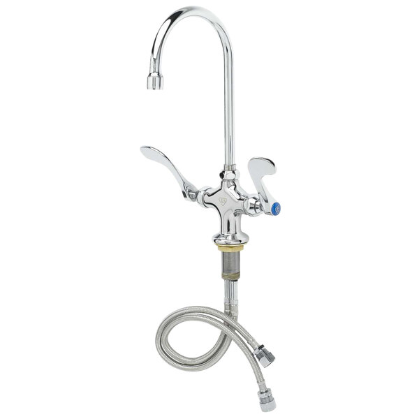 A T&S deck-mounted pantry faucet with swivel gooseneck nozzle and wrist handles.