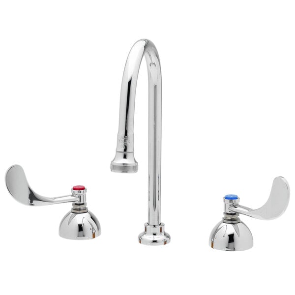 A close-up of a T&S Medical Faucet with two swivel gooseneck spouts and wrist handles.