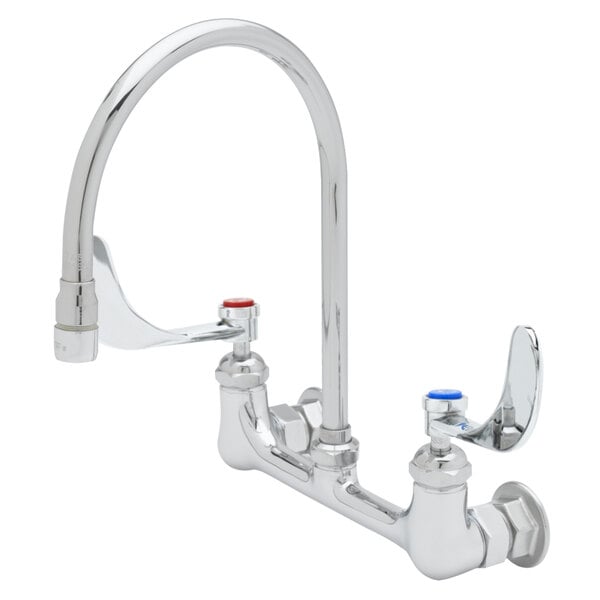 A T&S chrome wall mount faucet with gooseneck spout and wrist handles.