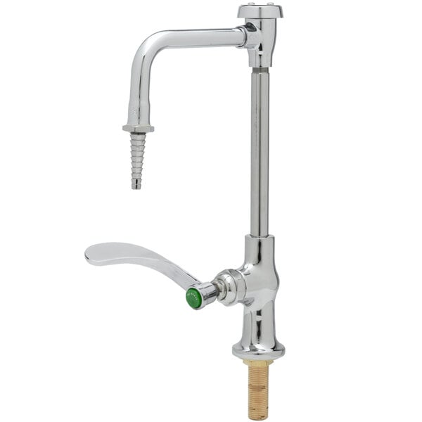A silver T&S deck mounted laboratory faucet with a green wrist handle.