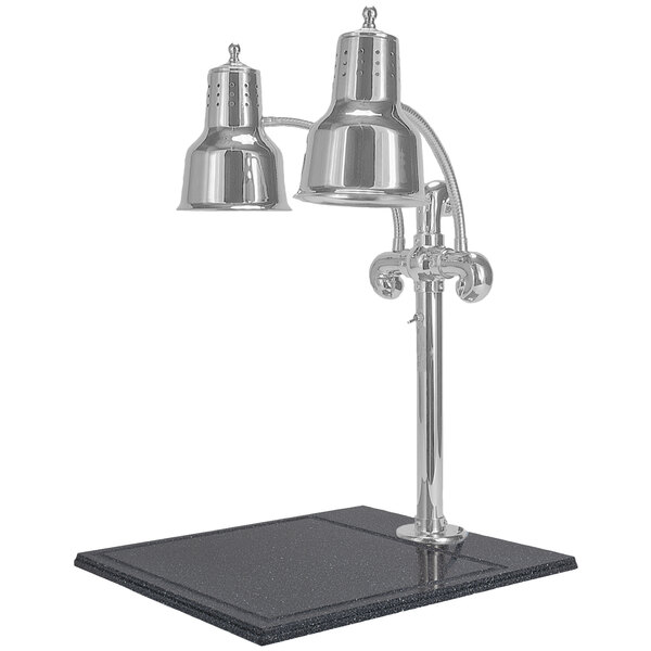 A stainless steel Hanson Heat Lamp with black and silver accents on a black synthetic granite base.