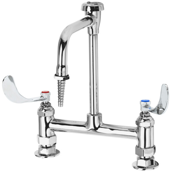 A T&S chrome laboratory faucet with two serrated tip spouts and wrist handles.