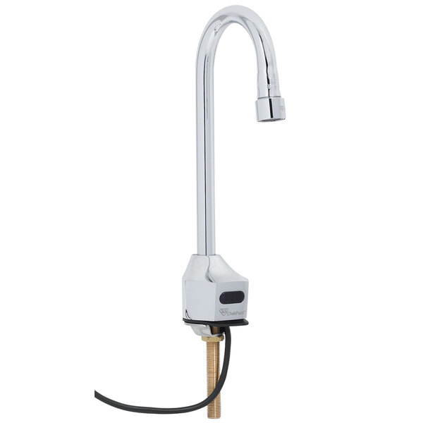 A T&S chrome hands-free sensor faucet with supply lines and a gooseneck spout.