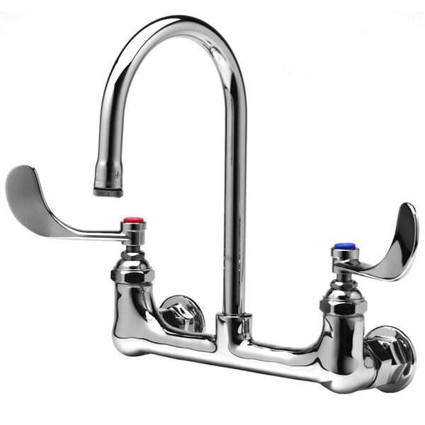 A T&S chrome wall mounted pantry faucet with wrist handles and gooseneck spout.