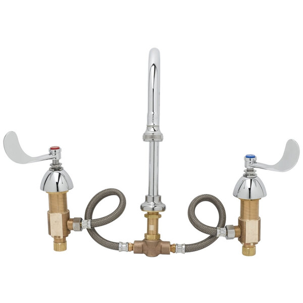 A T&S deck mounted medical faucet with two wrist handles and a swivel gooseneck nozzle.