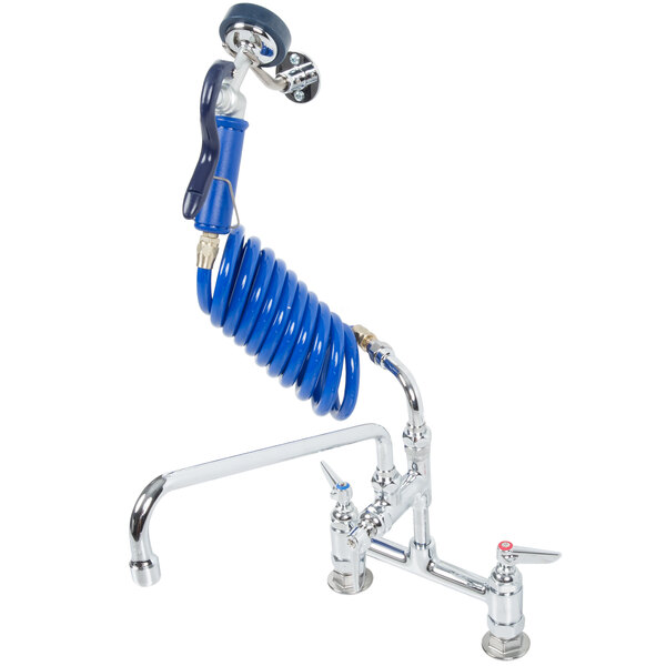 A T&S pet grooming faucet with a blue hose and metal faucet nozzle. 