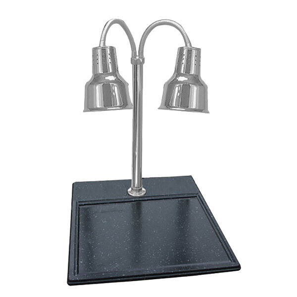 A Hanson Heat Lamps stainless steel carving station with silver lamps on a black surface.