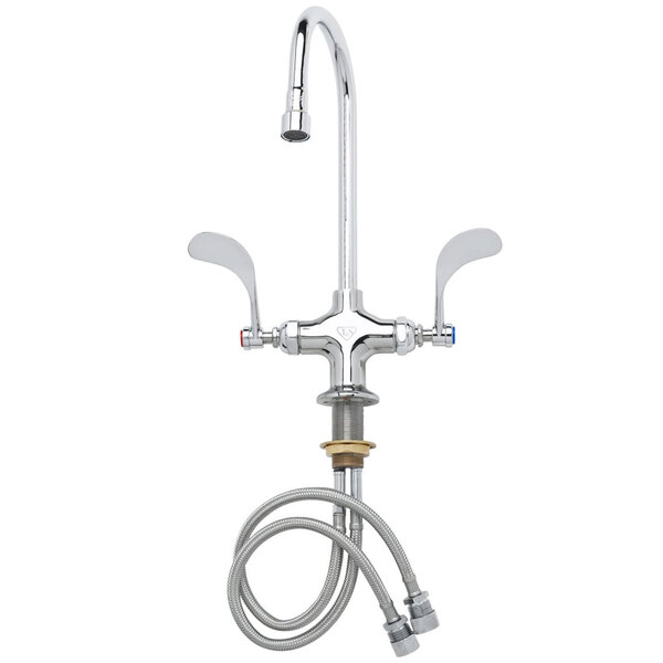 A T&S chrome deck-mounted pantry faucet with 4" wrist handles and a gooseneck nozzle.