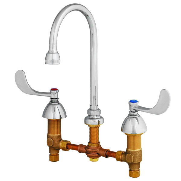 A T&S deck mounted medical faucet with two wrist handles.