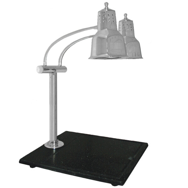A stainless steel Hanson Heat Lamp with two shades on a black base.