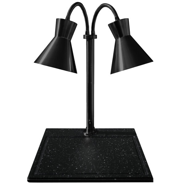 A Hanson Heat Lamps black carving station with dual black heat lamps on a black synthetic granite base.