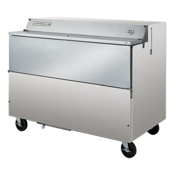 A large stainless steel Beverage-Air milk cooler on wheels.