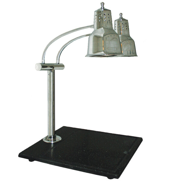 A silver Hanson Heat Lamps dual bulb carving station on a black square base.
