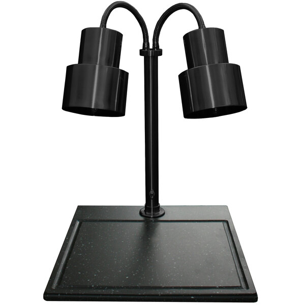 A Hanson Heat Lamps black dual bulb carving station on a black synthetic granite base.