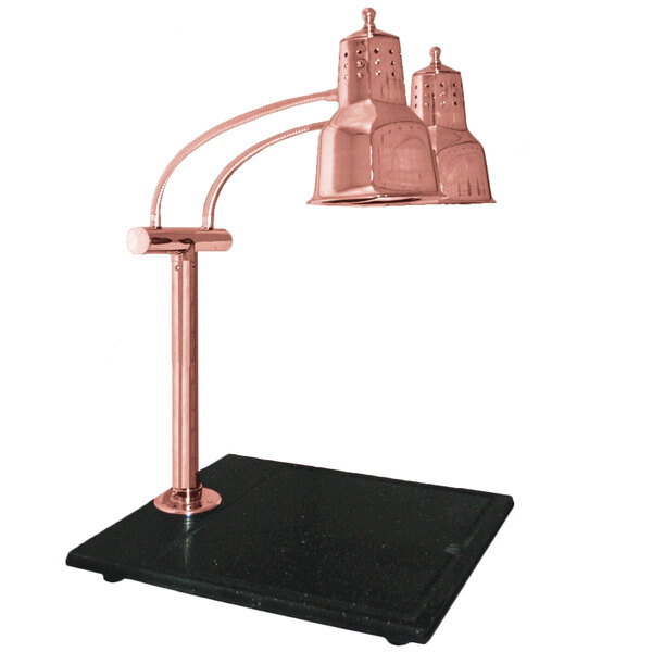 A Hanson Heat Lamps bright copper carving station with black base.