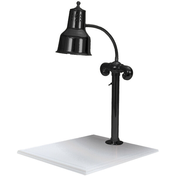 A black Hanson Heat Lamp on a white surface with a white base.