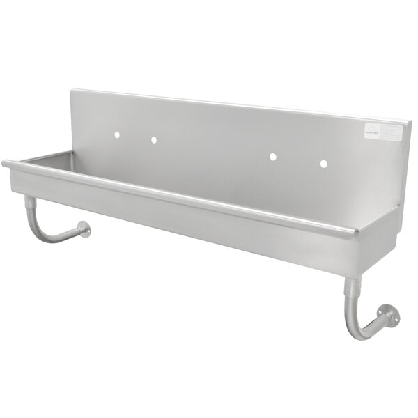 A stainless steel Advance Tabco wall-mounted multi-station hand sink with 3 faucets.