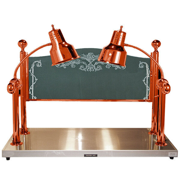 A Hanson Heat Lamps carving station with two lamps above a metal stand.