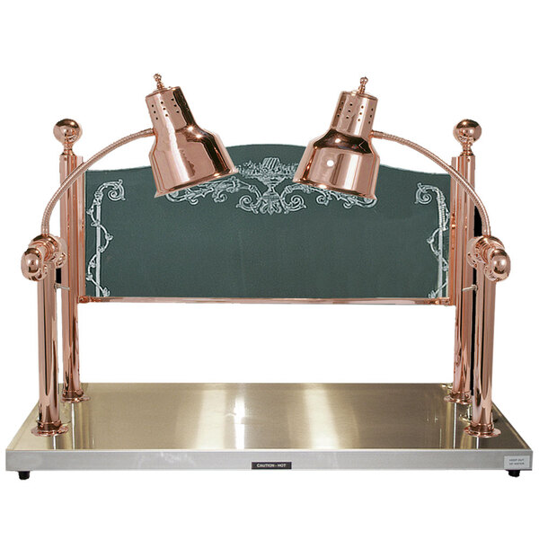 A bright copper Hanson Heat Lamps carving station with two lamps on a metal surface.