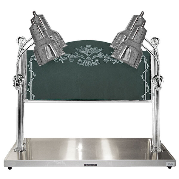 A stainless steel carving station with heated base and sneeze guard with four heat lamps.