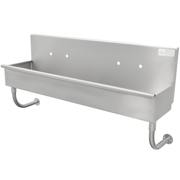 A stainless steel Advance Tabco wall mounted multi-station hand sink with holes for 6 faucets.