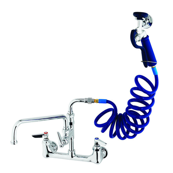 A T&S wall mount pet grooming faucet with a blue hose attached to it.