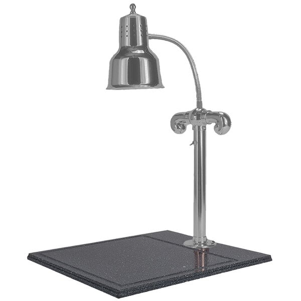 A silver Hanson Heat Lamp with a black and silver base on a black surface.