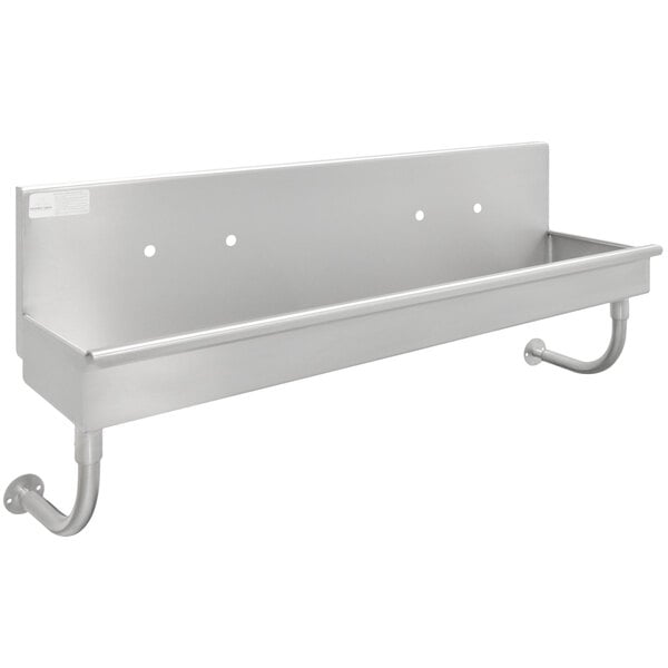A stainless steel Advance Tabco wall mounted multi-station hand sink with long back and two faucet holes.