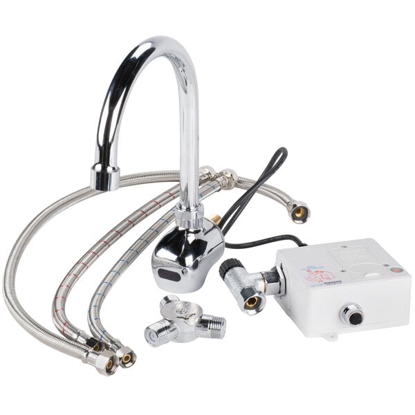 A white Equip by T&S wall mounted sensor faucet with gooseneck spout and hoses.