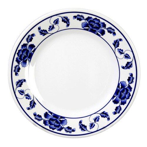 A white Thunder Group melamine plate with blue lotus flowers on it.