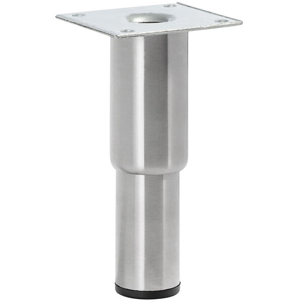 A silver stainless steel Regency table leg with a black rubber base.