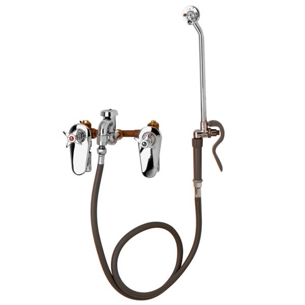 A T&S bedpan washer faucet with a hose attached to it.
