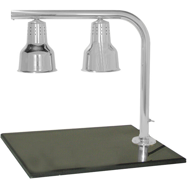 A stainless steel Hanson Heat Lamp carving station on a black surface.