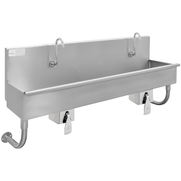 A stainless steel Advance Tabco multi-station hand sink with 2 knee operated faucets and hooks.