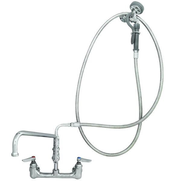 A T&S wall mount pre-rinse faucet with lever handles and a hose.