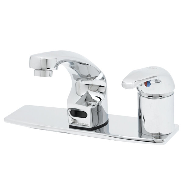 A T&S chrome hands-free sensor faucet with a deck plate and spout.