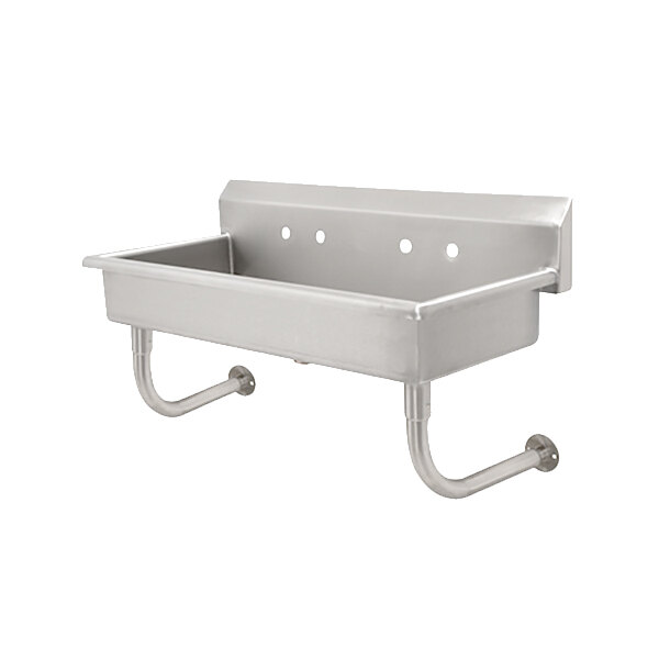 A stainless steel Advance Tabco hand sink with 6 holes.