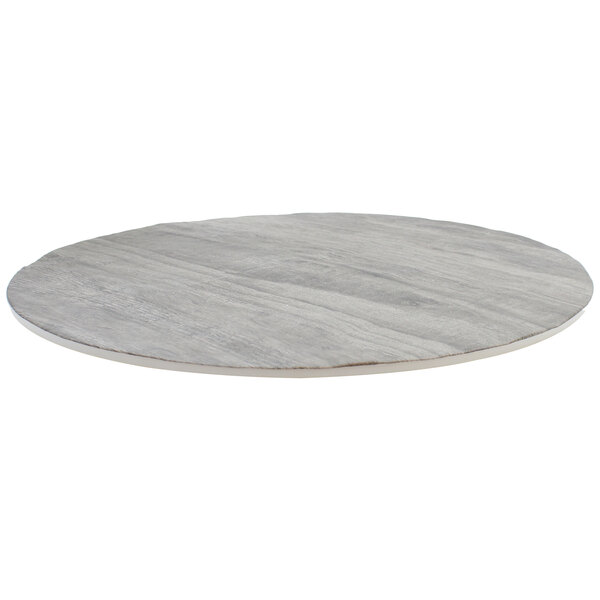 A Tablecraft distressed wood melamine display tray with a grey circular surface.