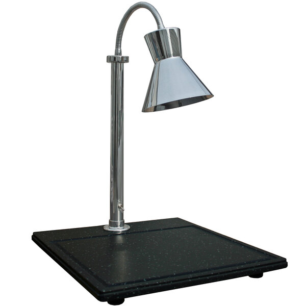 A silver Hanson Heat Lamp on a black synthetic granite base.
