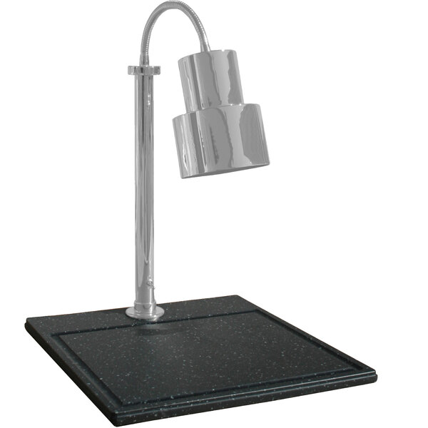 A stainless steel Hanson Heat Lamp carving station on a black surface.