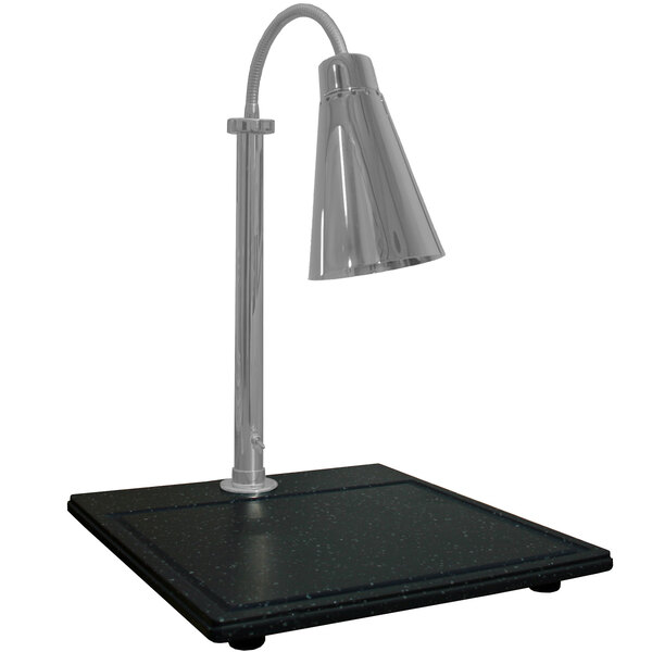 A silver Hanson Heat Lamp above a black square carving station surface.