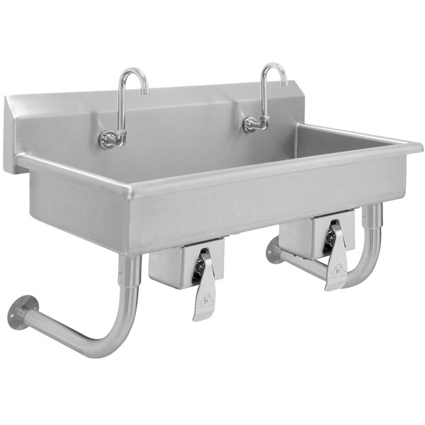 A stainless steel Advance Tabco multi-station hand sink with knee operated faucets.