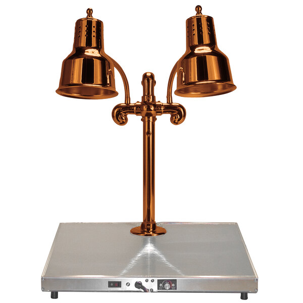 A Hanson Heat Lamps smoked copper carving station lamp on a metal surface.