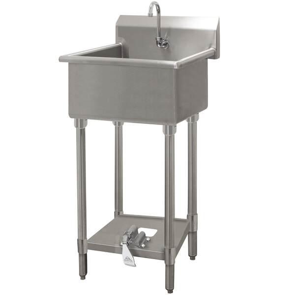 An Advance Tabco stainless steel hand sink with a faucet and shelf.