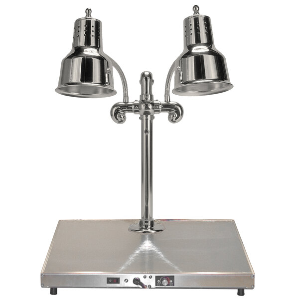A Hanson Heat Lamps stainless steel carving station with two lamps over a metal surface.
