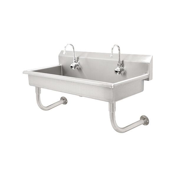 A stainless steel Advance Tabco multi-station hand sink with three electronic faucets.