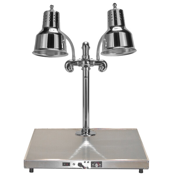 A Hanson Heat Lamps chrome carving station with heated stainless steel base and two lamps.