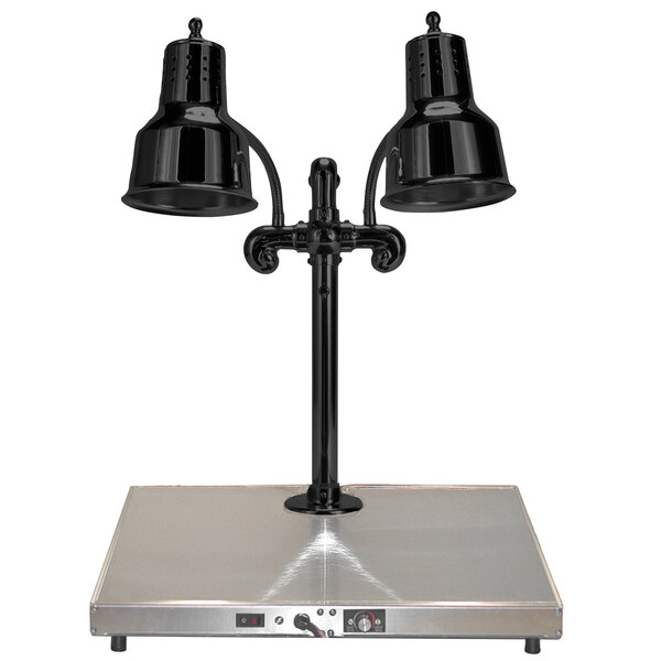 A black Hanson Heat Lamps carving station lamp on a metal surface.