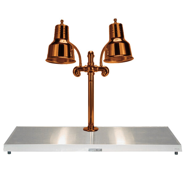 A Hanson Heat Lamps dual bulb smoked copper carving station on a metal stand.
